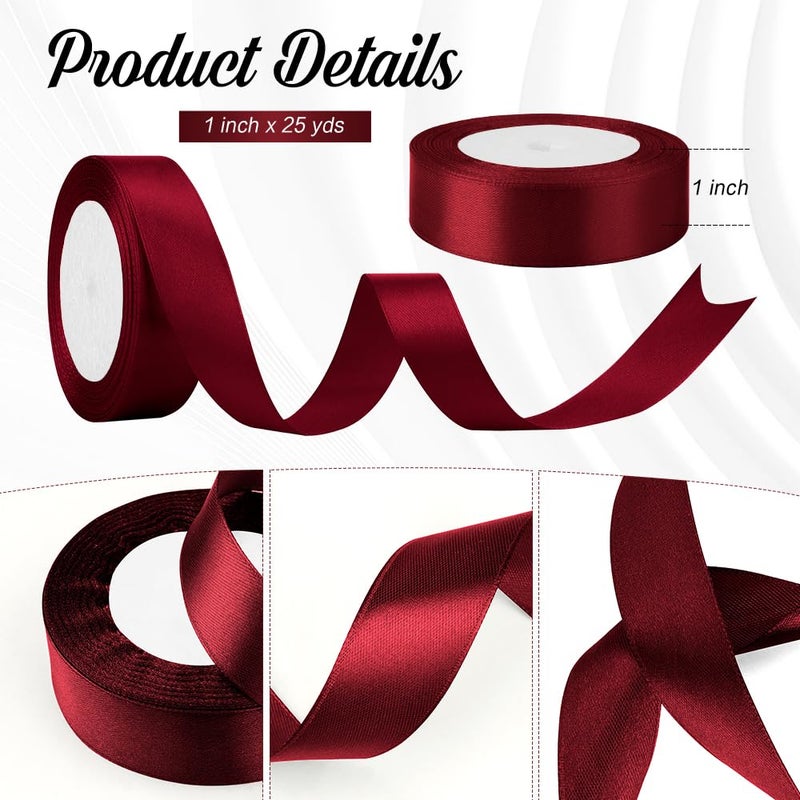 Xioabre Red Ribbon for Gift Wrapping 1 Inch 25 Yds Satin Ribbon for Hair Wine Ribbon Ribbon Burgundy Ribbon for Happy Mothers Day Ribbon Wedding Decor Flower Bouquet Burgundy Ribbon Hair Bows Sewing - Image 2